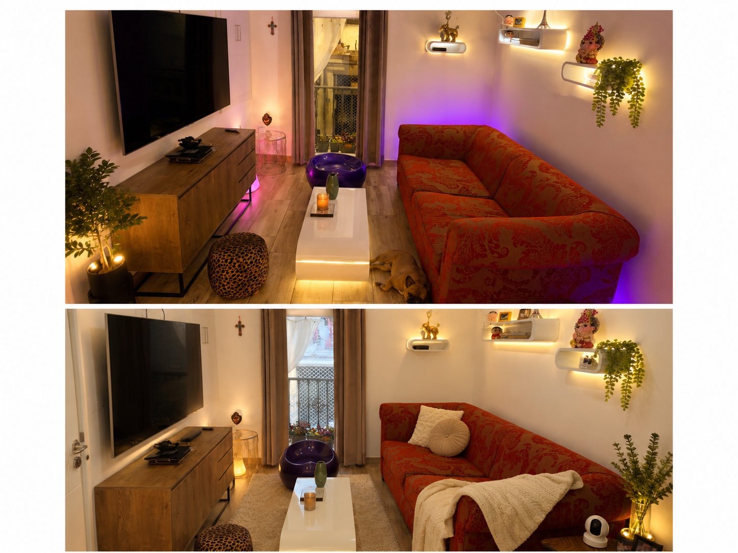 Two views of the Red Velvet living room